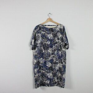 Club Monaco 100% Silk Shift Dress Patterned Blue S Boxy Low Back Short Sleeve